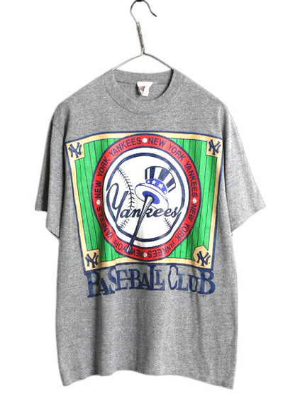 90s USA製 ヤンキース イラスト プリント Tシャツ メンズ L オールド 当時物 MLB オフィシャル シングルステッチ 大リーグ ベースボール 灰