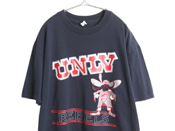 80s USA製 チャンピオン カレッジ チーム イラスト プリント Tシャツ メンズ XL / ヴィンテージ 大きいサイズ キャラクター トリコタグ 紺