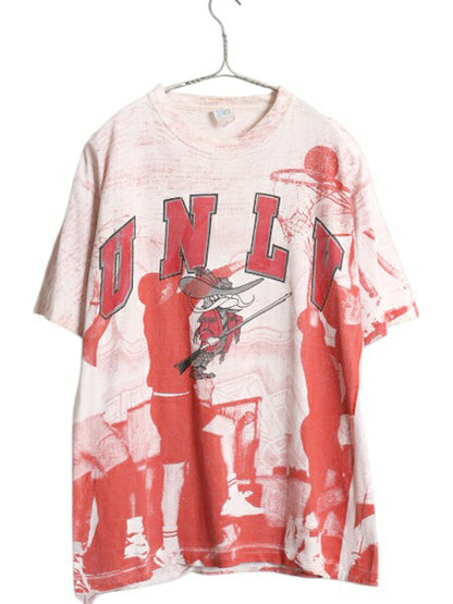 90s USA製 カレッジ チーム イラスト 全面 プリント Tシャツ メンズ M 古着 オールド グラフィック オールオーバー キャラクター バスケ 白
