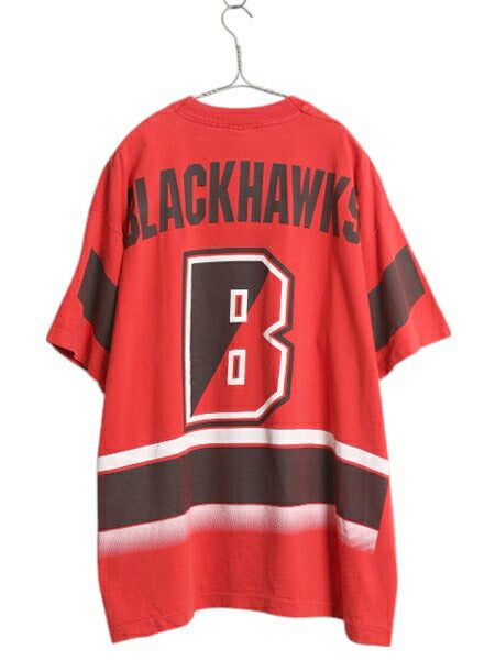 90s USA製 シカゴ ブラックホークス 全面 プリント Tシャツ メンズ XL / オールド イラスト NHL オフィシャル アイスホッケー 大きいサイズ