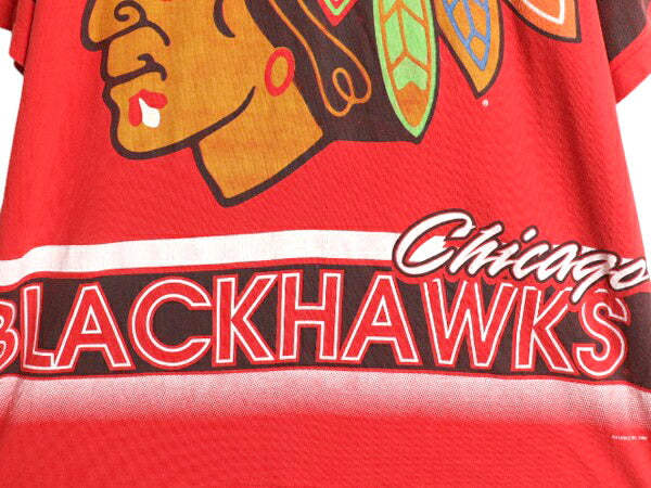 90s USA製 シカゴ ブラックホークス 全面 プリント Tシャツ メンズ XL / オールド イラスト NHL オフィシャル アイスホッケー 大きいサイズ
