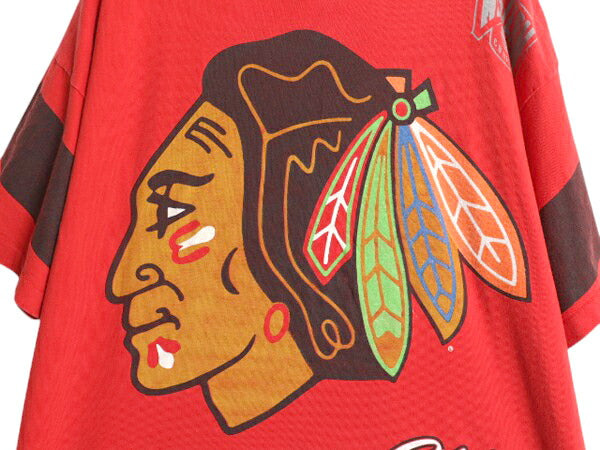 90s USA製 シカゴ ブラックホークス 全面 プリント Tシャツ メンズ XL / オールド イラスト NHL オフィシャル アイスホッケー 大きいサイズ