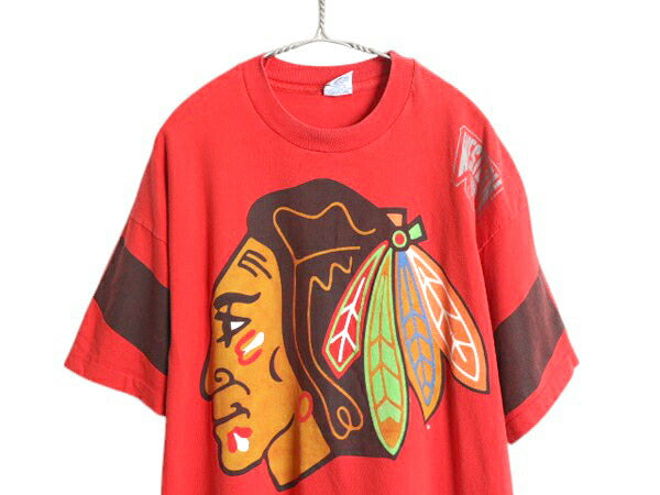 90s USA製 シカゴ ブラックホークス 全面 プリント Tシャツ メンズ XL / オールド イラスト NHL オフィシャル アイスホッケー 大きいサイズ