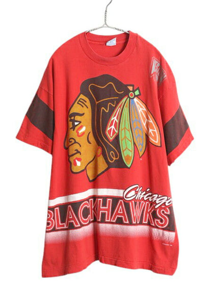 90s USA製 シカゴ ブラックホークス 全面 プリント Tシャツ メンズ XL / オールド イラスト NHL オフィシャル アイスホッケー 大きいサイズ