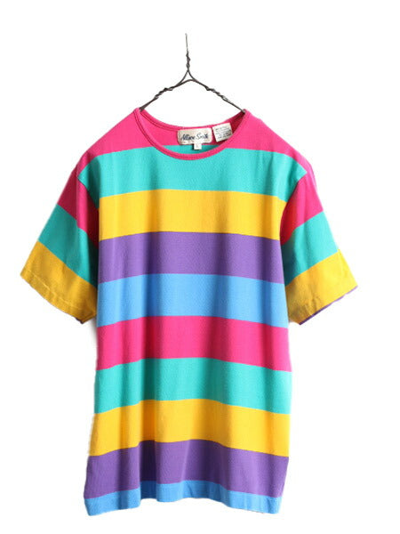 80s 90s ■ ワイド ボーダー 半袖 Tシャツ レディース L 古着 80年代 90年代 シングルステッチ カラフル マルチカラー オールド ビンテージ