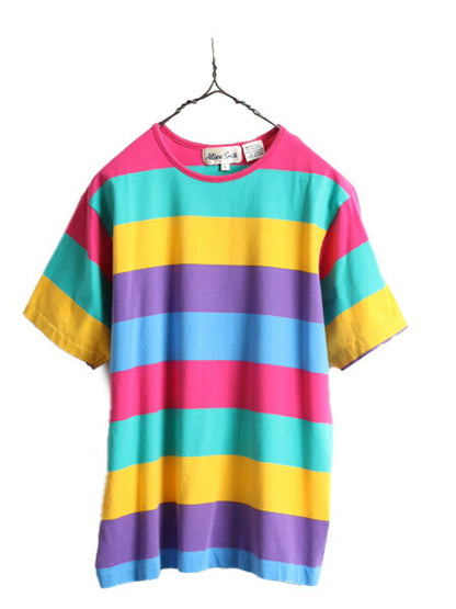 80s 90s ■ ワイド ボーダー 半袖 Tシャツ レディース L 古着 80年代 90年代 シングルステッチ カラフル マルチカラー オールド ビンテージ