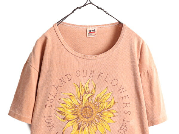 90s USA製 カスタムメイド ■ ひまわり アート プリント 半袖 Tシャツ レディース L / 古着 90年代 オールド イラスト シングルステッチ 花