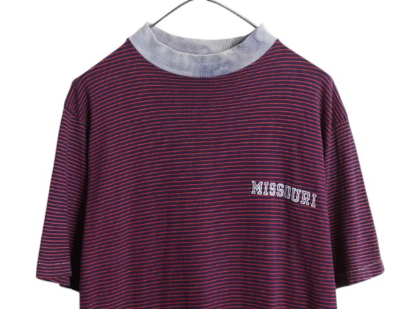 70s カレッジ プリント ボーダー 半袖 Tシャツ メンズ XL 程 古着 ヴィンテージ ワンポイント シングルステッチ モックネック 大きいサイズ