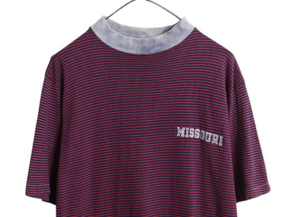 70s カレッジ プリント ボーダー 半袖 Tシャツ メンズ XL 程 古着 ヴィンテージ ワンポイント シングルステッチ モックネック 大きいサイズ