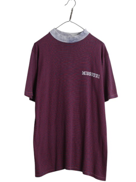 70s カレッジ プリント ボーダー 半袖 Tシャツ メンズ XL 程 古着 ヴィンテージ ワンポイント シングルステッチ モックネック 大きいサイズ