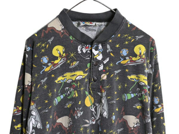 90s ワーナー ルーニー テューンズ 総柄 長袖 Tシャツ メンズ L 古着 オールド ヘンリーネック ロンT キャラクター イラスト オフィシャル