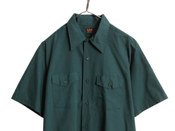70s USA製 リー 半袖 ワーク シャツ メンズ L 程/ ヴィンテージ 黒タグ 半袖シャツ ポケット付き シワになりにくい 無地 シンプル グリーン