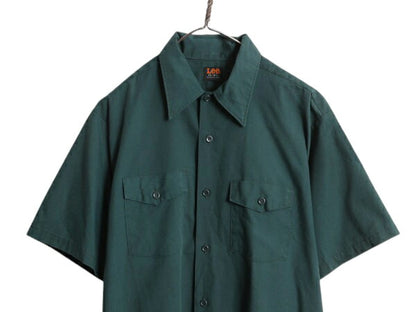 70s USA製 リー 半袖 ワーク シャツ メンズ L 程/ ヴィンテージ 黒タグ 半袖シャツ ポケット付き シワになりにくい 無地 シンプル グリーン