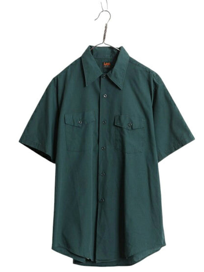 70s USA製 リー 半袖 ワーク シャツ メンズ L 程/ ヴィンテージ 黒タグ 半袖シャツ ポケット付き シワになりにくい 無地 シンプル グリーン