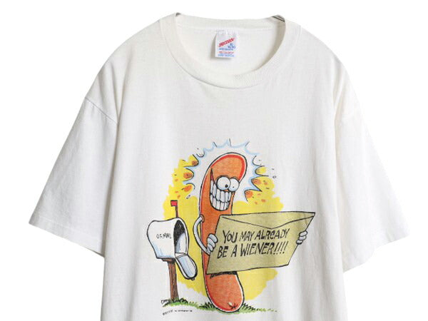 90s USA製 ジョーク イラスト プリント Tシャツ メンズ XL オールド 大きいサイズ キャラクター シングルステッチ グラフィック メッセージ