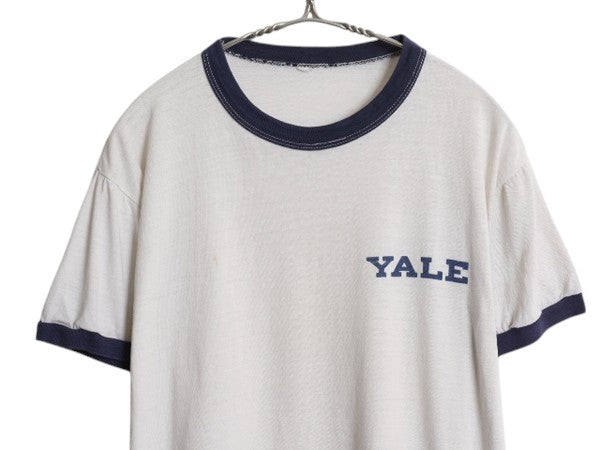 80s YALE カレッジ 染込み プリント リンガー Tシャツ メンズ レディース S 程 ヴィンテージ ショート丈 ツートン ワンポイント カットソー