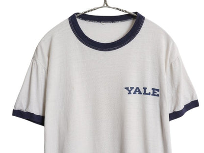 80s YALE カレッジ 染込み プリント リンガー Tシャツ メンズ レディース S 程 ヴィンテージ ショート丈 ツートン ワンポイント カットソー