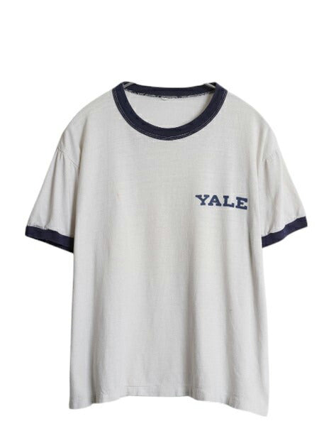 80s YALE カレッジ 染込み プリント リンガー Tシャツ メンズ レディース S 程 ヴィンテージ ショート丈 ツートン ワンポイント カットソー