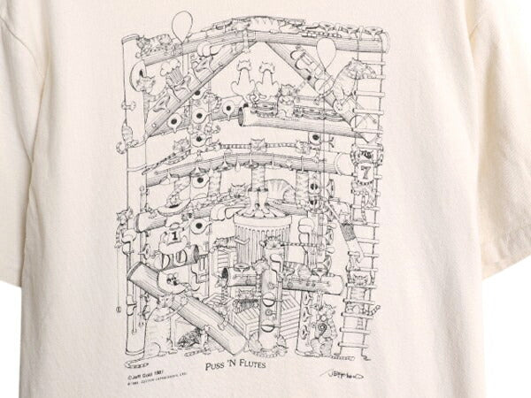 80s USA製 ネコ フルート アート イラスト プリント Tシャツ メンズ レディース M ヴィンテージ アニマル グラフィック シングルステッチ