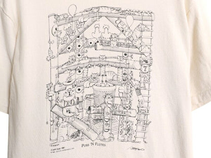 80s USA製 ネコ フルート アート イラスト プリント Tシャツ メンズ レディース M ヴィンテージ アニマル グラフィック シングルステッチ