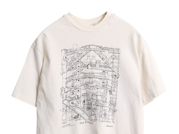 80s USA製 ネコ フルート アート イラスト プリント Tシャツ メンズ レディース M ヴィンテージ アニマル グラフィック シングルステッチ