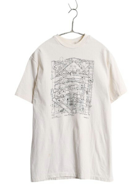 80s USA製 ネコ フルート アート イラスト プリント Tシャツ メンズ レディース M ヴィンテージ アニマル グラフィック シングルステッチ