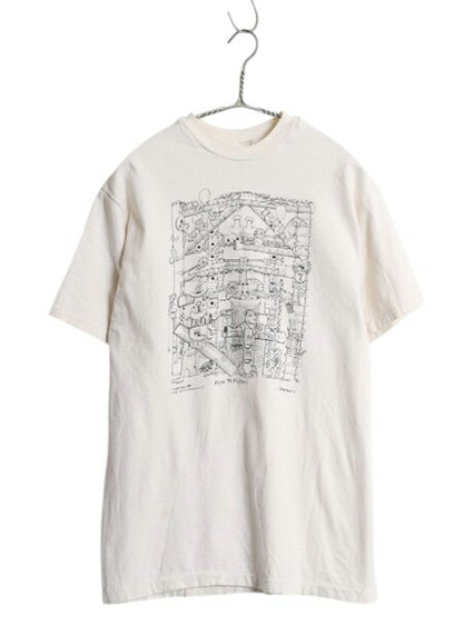 80s USA製 ネコ フルート アート イラスト プリント Tシャツ メンズ レディース M ヴィンテージ アニマル グラフィック シングルステッチ