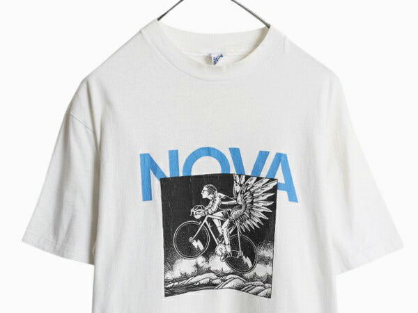 80s USA製 アート イラスト プリント Tシャツ メンズ L 白 古着 ヴィンテージ 自転車 グラフィック メッセージ シングルステッチ ホワイト