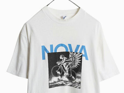 80s USA製 アート イラスト プリント Tシャツ メンズ L 白 古着 ヴィンテージ 自転車 グラフィック メッセージ シングルステッチ ホワイト