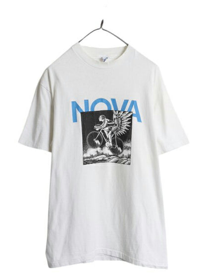 80s USA製 アート イラスト プリント Tシャツ メンズ L 白 古着 ヴィンテージ 自転車 グラフィック メッセージ シングルステッチ ホワイト