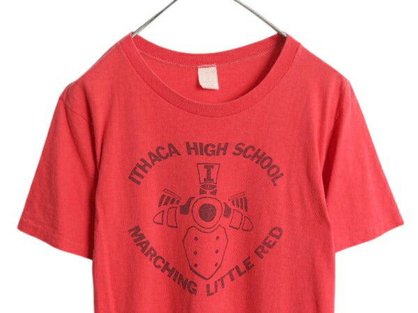 70s USA製 カレッジ 染込み プリント Tシャツ XL 小さめ メンズ レディース M 程 ヴィンテージ シングルステッチ イラスト グラフィック 赤