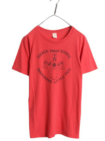 70s USA製 カレッジ 染込み プリント Tシャツ XL 小さめ メンズ レディース M 程 ヴィンテージ シングルステッチ イラスト グラフィック 赤