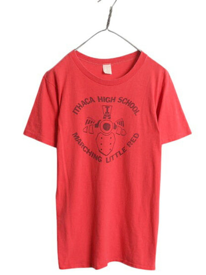 70s USA製 カレッジ 染込み プリント Tシャツ XL 小さめ メンズ レディース M 程 ヴィンテージ シングルステッチ イラスト グラフィック 赤