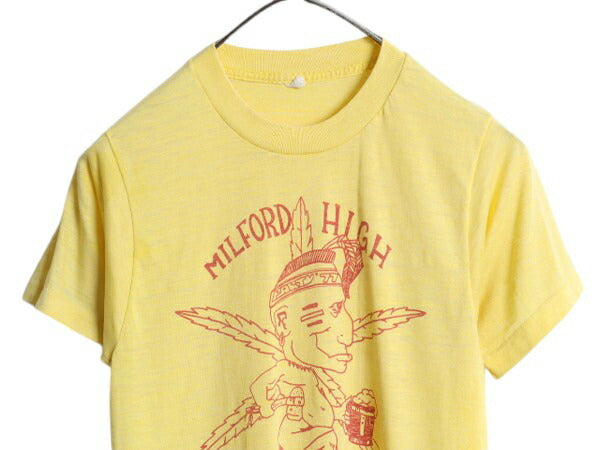 70s USA製 キャラキター 染込み プリント Tシャツ S 小さめ メンズ レディース XS 程 ヴィンテージ ネイティブ カレッジ イラスト イエロー