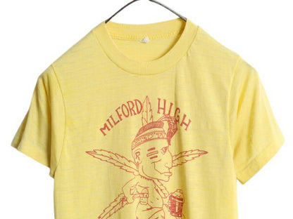 70s USA製 キャラキター 染込み プリント Tシャツ S 小さめ メンズ レディース XS 程 ヴィンテージ ネイティブ カレッジ イラスト イエロー
