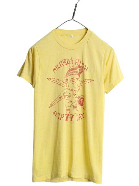 70s USA製 キャラキター 染込み プリント Tシャツ S 小さめ メンズ レディース XS 程 ヴィンテージ ネイティブ カレッジ イラスト イエロー