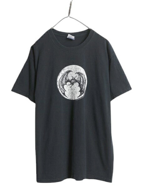 00s コウモリ イラスト アート プリント Tシャツ メンズ L / 古着 オールド アニマル グラフィック ヘビーウェイト カットソー コットン 黒