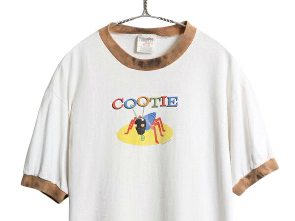 90s 企業物 イラスト プリント リンガー Tシャツ メンズ L 古着 オールド シングルステッチ ツートン グラフィック キャラクター 当時物 白