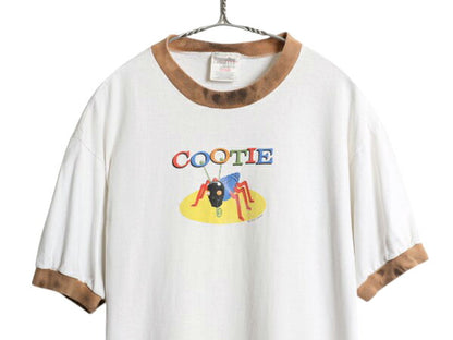 90s 企業物 イラスト プリント リンガー Tシャツ メンズ L 古着 オールド シングルステッチ ツートン グラフィック キャラクター 当時物 白