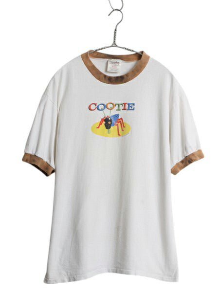 90s 企業物 イラスト プリント リンガー Tシャツ メンズ L 古着 オールド シングルステッチ ツートン グラフィック キャラクター 当時物 白
