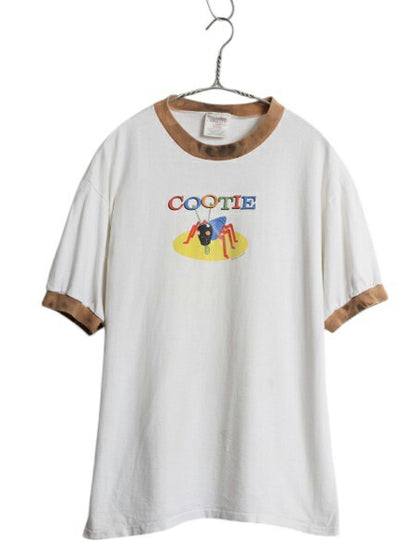 90s 企業物 イラスト プリント リンガー Tシャツ メンズ L 古着 オールド シングルステッチ ツートン グラフィック キャラクター 当時物 白