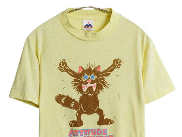 80s USA製 ネコ キャラクター イラスト プリント Tシャツ メンズ XS レディース S / ヴィンテージ アニマル メッセージ シングルステッチ