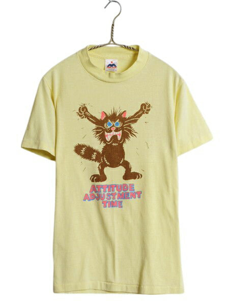 80s USA製 ネコ キャラクター イラスト プリント Tシャツ メンズ XS レディース S / ヴィンテージ アニマル メッセージ シングルステッチ