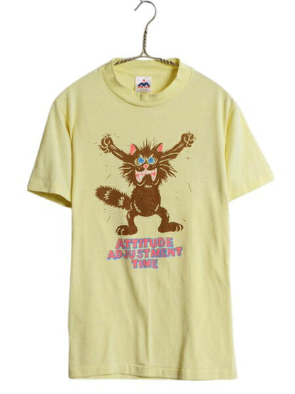 80s USA製 ネコ キャラクター イラスト プリント Tシャツ メンズ XS レディース S / ヴィンテージ アニマル メッセージ シングルステッチ