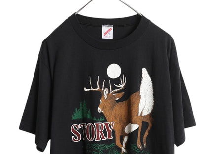 80s USA製 シカ メッセージ イラスト プリント Tシャツ メンズ XL ヴィンテージ シングルステッチ アニマル ハンティング 大きいサイズ 黒