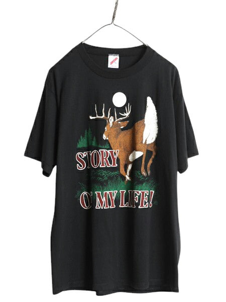 80s USA製 シカ メッセージ イラスト プリント Tシャツ メンズ XL ヴィンテージ シングルステッチ アニマル ハンティング 大きいサイズ 黒