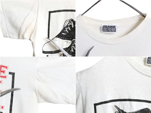 90s USA製 メッセージ サドルシューズ イラスト プリント Tシャツ L 小さめ メンズ M 程 古着 オールド グラフィック シングルステッチ 白