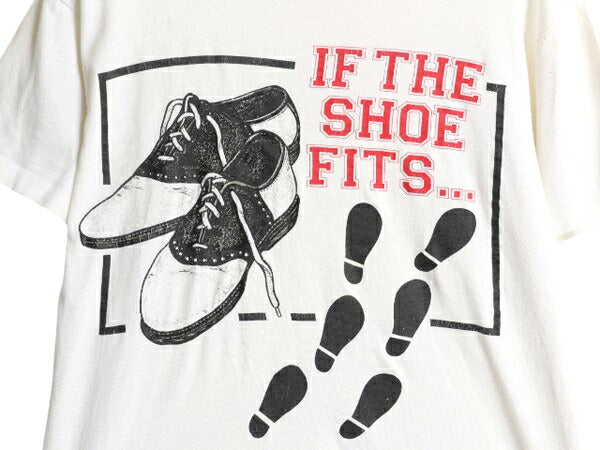 90s USA製 メッセージ サドルシューズ イラスト プリント Tシャツ L 小さめ メンズ M 程 古着 オールド グラフィック シングルステッチ 白