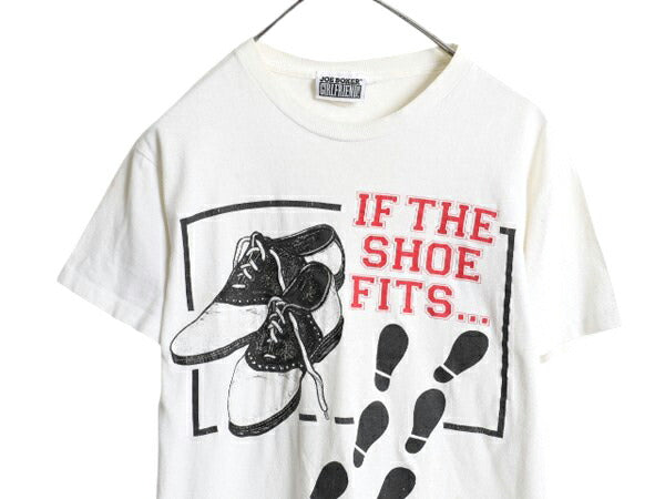 90s USA製 メッセージ サドルシューズ イラスト プリント Tシャツ L 小さめ メンズ M 程 古着 オールド グラフィック シングルステッチ 白