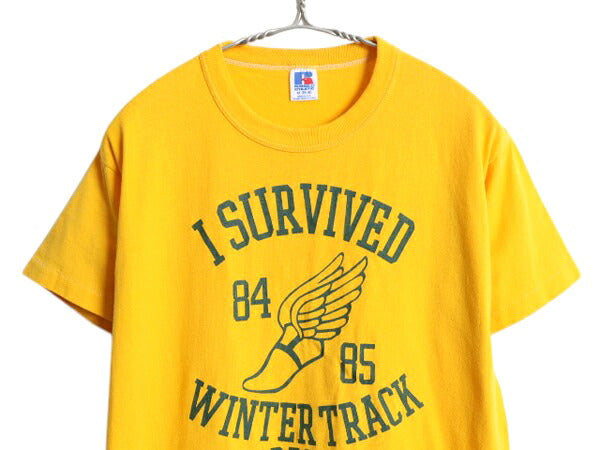 80s USA製 ウイングフット 4段 プリント Tシャツ メンズ レディース M ヴィンテージ カレッジ シングルステッチ ラッセル グラフィック 黄